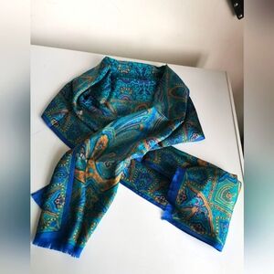 Oscar De La Renta Gold & Blue Elegant  Silk Scarf